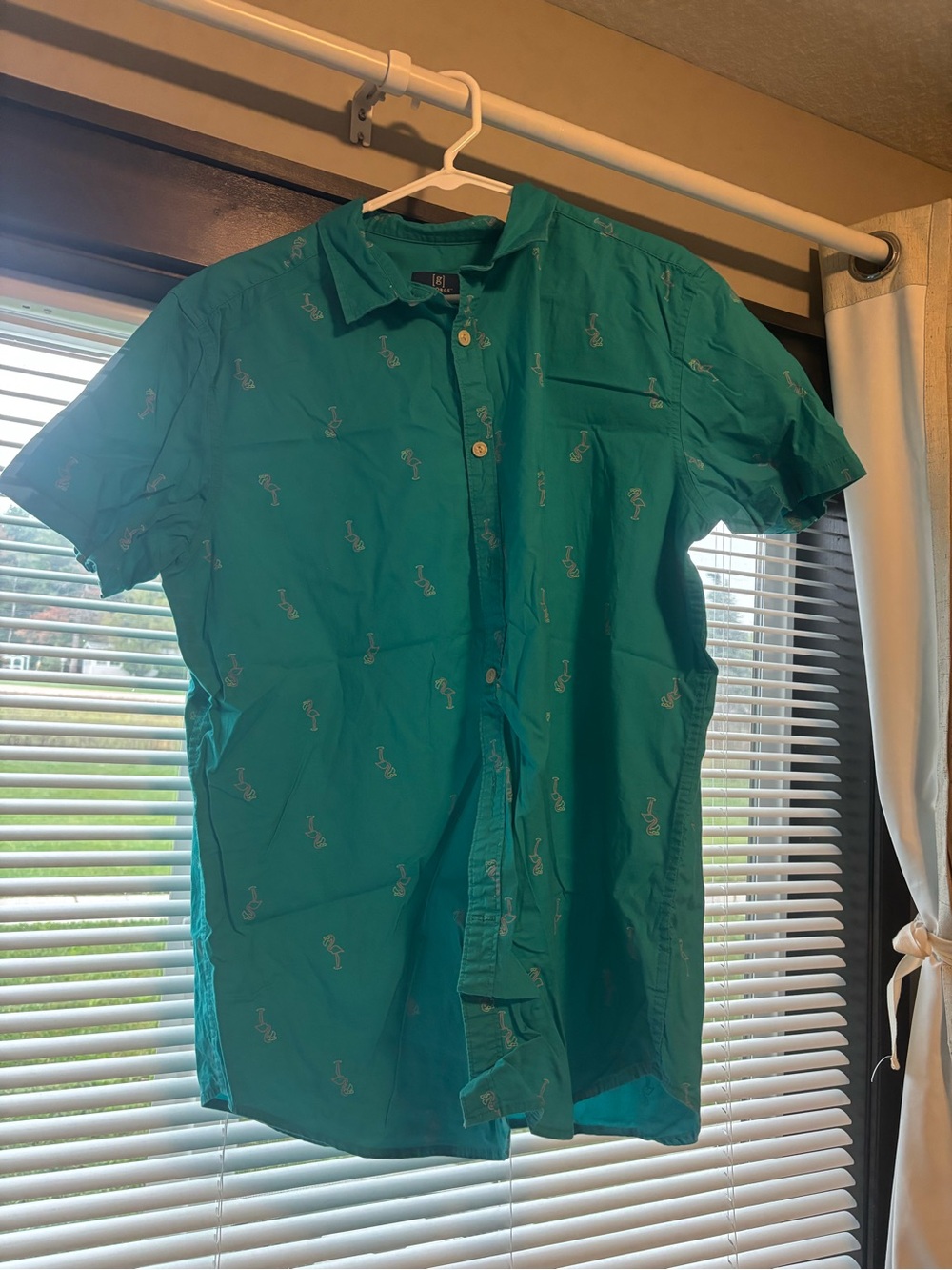 George Teal Short-Sleeve Button-Down Shirt with Small Flamingo Print